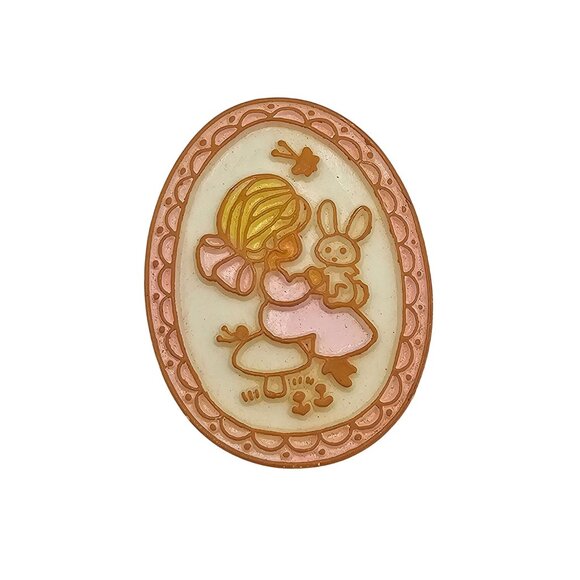 VTG Hallmark Brooch Easter Cameo Girl + Bunny Plastic Lapel Pin Cute Spring Love - Picture 1 of 12